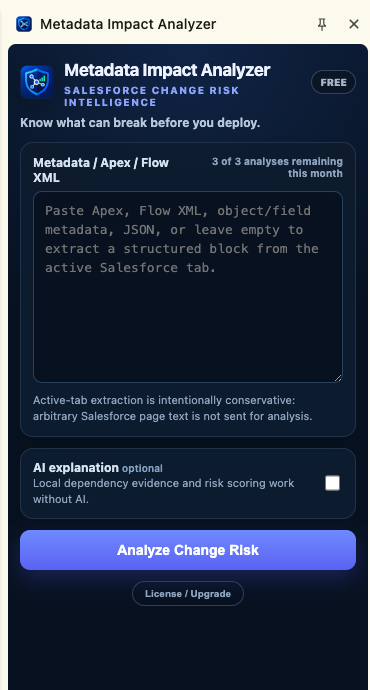 Metadata Impact Analyzer running in the Chrome side panel